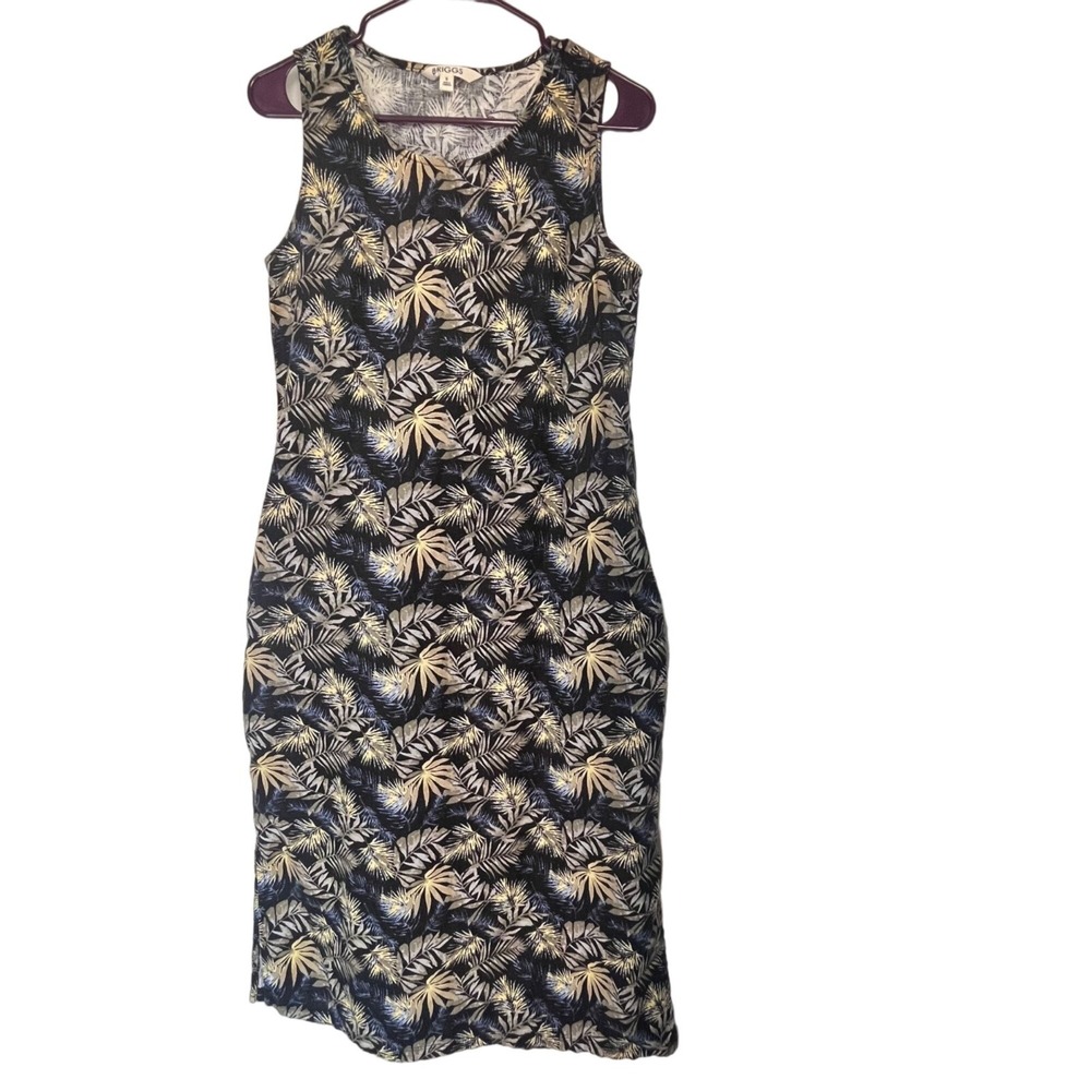 Briggs Linen‎ Blend Maxi Dress Black Tropical Palm Pockets Sleeveless Size Small